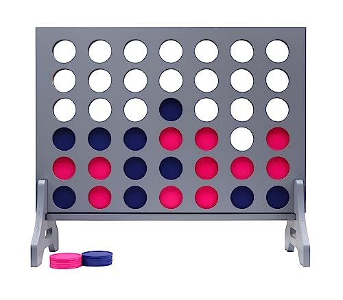 Giant 4 in a Row Game for Family & Adults – Tailgating Pros Jumbo Grey Wooden Four in a Row Indoor & Outdoor Yard Game for Family Party Fun, Portable Activities for Patio, Backyard, and Camping - color: Blue / Pink