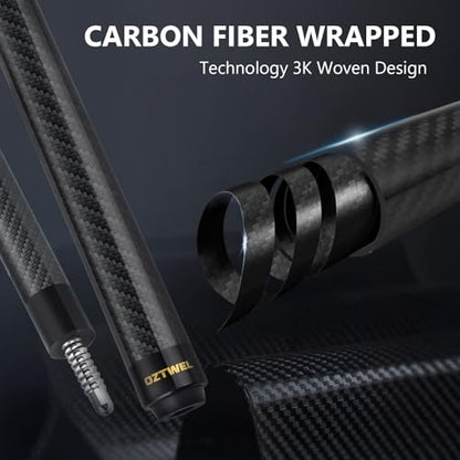Carbon Fiber Pool Cue Stick, 12.4mm 8-Layer Tip Low Deflection Pool Cue Professional Pool Sticks for Adults with Pro Taper Cue Shaft 3/8 x 8 Joint Pin - color: Black