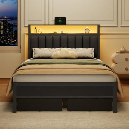 Furnulem Full Size Bed Frame with Charging Station and LED Lights, Grey Upholstered Headboard with Shelves, Metal Platform Bed with 2 Under-Bed Storage (Fabric Drawer on Wheels), No Box Spring Needed - size: Full