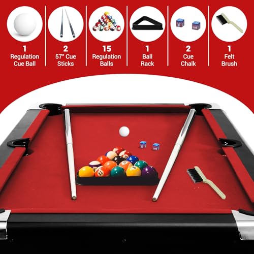 7 Foot Pool Table for Family, Foldable No Assembly Pool Table with Balls, Cues, Chalk, Rack & Brush, Portable Billiards Game Table for Apartment, Basement, Office & Game Room - size: Red-6FT