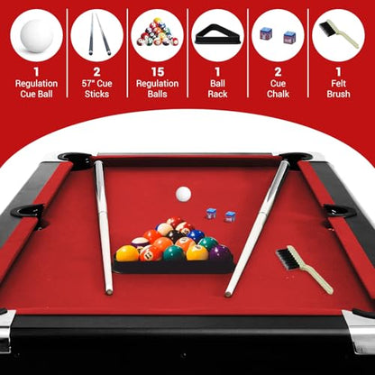 7 Foot Pool Table for Family, Foldable No Assembly Pool Table with Balls, Cues, Chalk, Rack & Brush, Portable Billiards Game Table for Apartment, Basement, Office & Game Room - size: Red-6FT