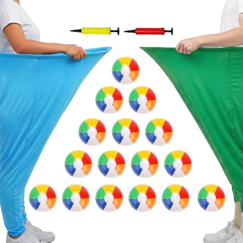 2 Pcs Granny Pants Yard Game, Granny Pants Outdoor Game with 16 Six-Color Bouncy Ball and 2 Air Pump, Team Relay Family Reunion Party Field Game Sets - color: Green + Light blue