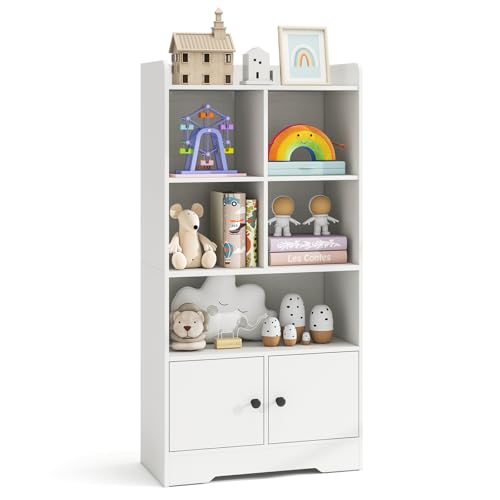 Costzon Kids Toy Storage Cabinet, 47.5" Tall Bookcase w/ 5 Open Compartments & 2 Doors, Multifunctional Display Shelf Home Organizer for Playroom, Nursery, Bedroom, Living Room, Study (White) - color: White