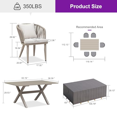 PURPLE LEAF 7 Pieces Patio Dining Set with Waterproof Furniture Cover Rectangular Table and Chairs Set for Garden Deck Aluminum Frame Backyard Kitchen Set, Cushions and Pillows Included Champagne - color: Champagne, size: 7 Pcs, style: with Furniture Cove