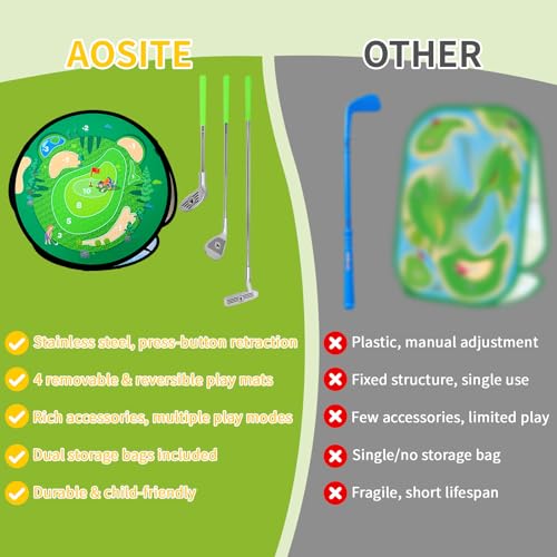 AOSITE Toddler Golf Set, 5 in 1 Kids Golf Set with 3 Golf Clubs, Putting Mat, 4-Sided Chipping Net, Golf Sport for Kid, Indoor Outdoor Kids Sticky Backyard Golf Games Toys Activitie Birthday Gift 3+