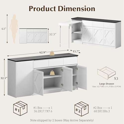 63" White Buffet Cabinet with Storage, Kitchen Sideboard with Folding Table | Modern Console Credenza with Drawers & Doors, Coffee Bar Cabinet for Dining Room, Entryway & Living Room