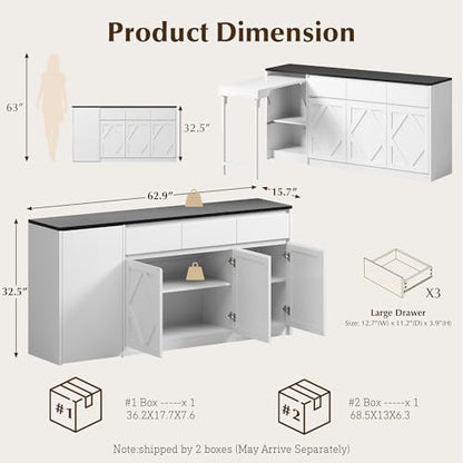 63" White Buffet Cabinet with Storage, Kitchen Sideboard with Folding Table | Modern Console Credenza with Drawers & Doors, Coffee Bar Cabinet for Dining Room, Entryway & Living Room