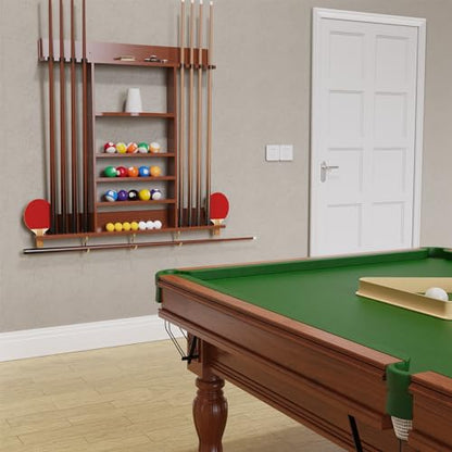 Pool Cue Rack 8 Pool Stick Holder Wall Mount 2-in-1 Pool Stick & Ping Pong Paddle Holder Billiard Cue Rack Solid Wood Billiard Table Accessories for Billiard Room, Game Room (Classic Burgundy)
