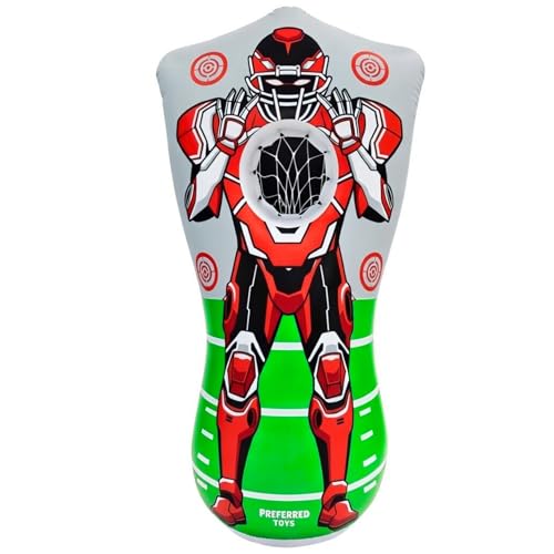 Preferred Toys 65” Inflatable Football Target Net Toss Game - Double-Sided Throwing Practice Football Stuff with Mini Balls - Backyard Tailgate Party Sports Toy for Kids & Adults - color: Robot Red/Blue
