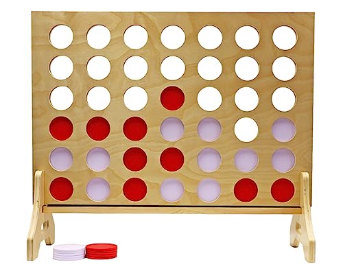 Giant 4 in a Row Game for Family & Adults – Tailgating Pros Jumbo Natural Wooden Four in a Row Indoor Outdoor Yard Game for Family Party Fun, Portable Activities for Patio, Backyard, and Camping - color: Red / White