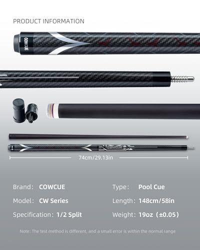 CRICAL COWCUE 58-Inch Carbon Fiber Pool Cue, Low Deflection, 12.5mm Tip | Adjustable pool cue with 3/8x8 joint for stable control, regular billiards practice and pool hall play. - color: CW-02-set2