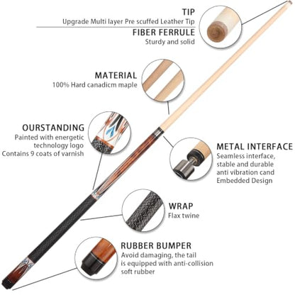 Pool Cue Stick - 58 inch Maple Billiard Pool Stick, 19/20/21 oz 1/2 Maple Pool Cue Stick Kit, 2-Piece Billiard Pool Cue Stick - color: Brown With Case (20 oz/12mm)