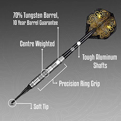 Shot! Darts Soft Tip TOA, 70% Tungsten Barrels, Center Weighted, Pro Throwing Darts for Maximum Aerodynamics Handcrafted Professional Dart Set and Flights Made in New Zealand, Plastic Tip Bar Darts