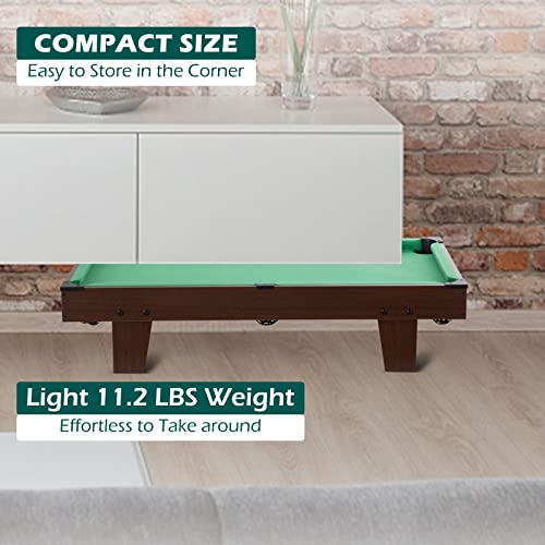 Portable Pool Table & Billiard Set, Mini Billiards Game, Small Tabletop Pool Set Includes Balls, Sticks, Chalk, Brush & Triangle for Family
