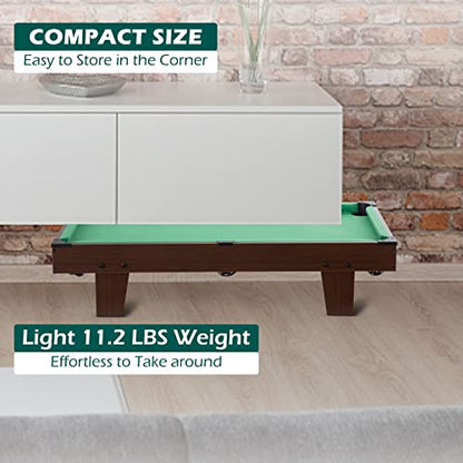 Portable Pool Table & Billiard Set, Mini Billiards Game, Small Tabletop Pool Set Includes Balls, Sticks, Chalk, Brush & Triangle for Family