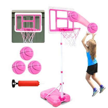 Kids Basketball Hoop with Stand, Adjustable Height 3.5FT-6.2FT Toddler Basketball Hoop, Basketball Goal Outdoor Indoor Toys for Girls Age 3 4 5 6 7 8 Years Old Gifts(Pink) - color: Pink