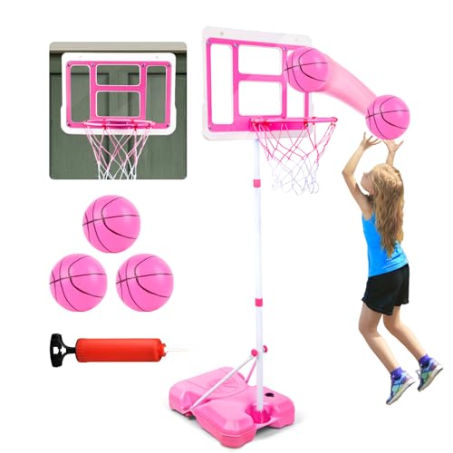 Kids Basketball Hoop with Stand, Adjustable Height 3.5FT-6.2FT Toddler Basketball Hoop, Basketball Goal Outdoor Indoor Toys for Girls Age 3 4 5 6 7 8 Years Old Gifts(Pink) - color: Pink