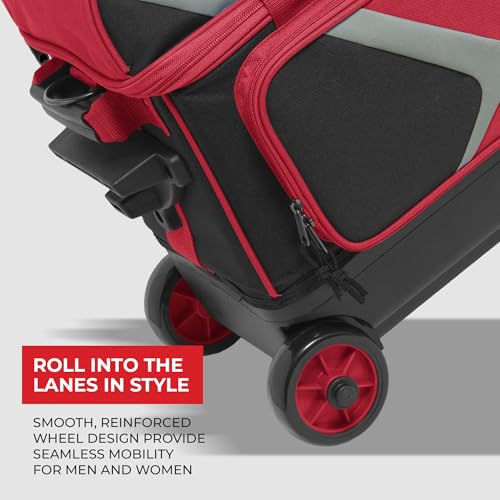 BSI Dash Roller Bowling Bag with Smooth Rolling Wheels, Padded Ball Compartment, Retractable Locking Handle, & Shoe Pocket - color: Black/Red/Gray, style: Double
