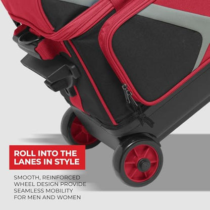 BSI Dash Roller Bowling Bag with Smooth Rolling Wheels, Padded Ball Compartment, Retractable Locking Handle, & Shoe Pocket - color: Black/Red/Gray, style: Double