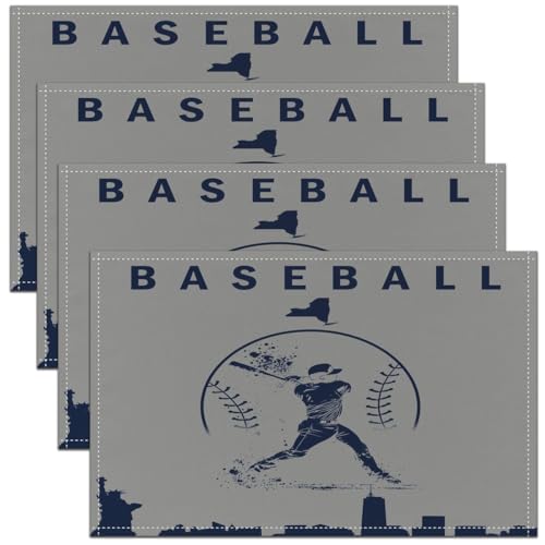 Erosebridal Baseball Place Mat Set of 4 Softball Placement Mats Sports Games Placemats Athlete City Silhouette Table Mats for Kitchen Dining Table, Grey - color: Gray