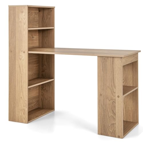 MEDIMALL Bookshelf Cabinet 3 in 1 Functional Table, Compact Workstation with Storage Shelf and CPU Holder Computer Desk Bookcase, Natural