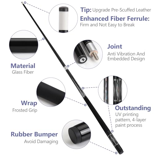 Glass Fiber Pool Cue Stick with Case Combo Set, 12.5mm Professional Pool Stick 58" Low Deflection Billiards Cue Stick 19 Oz Pool Cue Set for Men Adults Players - color: Black1