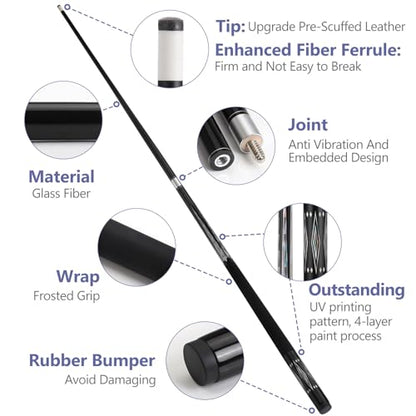 Glass Fiber Pool Cue Stick with Case Combo Set, 12.5mm Professional Pool Stick 58" Low Deflection Billiards Cue Stick 19 Oz Pool Cue Set for Men Adults Players - color: Black1