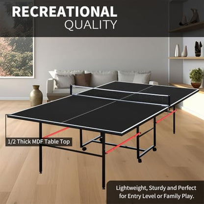 9x5 FT Foldable Ping Pong Table for Indoor Use, Professional MDF Table Tennis Table with Net, 2 Paddles & 3 Balls, Playback Mode, Space-Saving Folding Design for Family Recreation (Black)