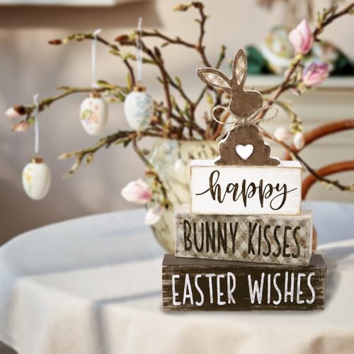 DIYDEC 4Pcs Easter Tabletop Decorations Bunny Wooden Block Signs Gift Rustic Tiered Tray Decor Happy Easter Centerpiece Farmhouse Wood Rabbit Table Sign for Kitchen Home Office Party Decor - style: Bunny