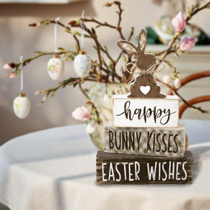 DIYDEC 4Pcs Easter Tabletop Decorations Bunny Wooden Block Signs Gift Rustic Tiered Tray Decor Happy Easter Centerpiece Farmhouse Wood Rabbit Table Sign for Kitchen Home Office Party Decor - style: Bunny