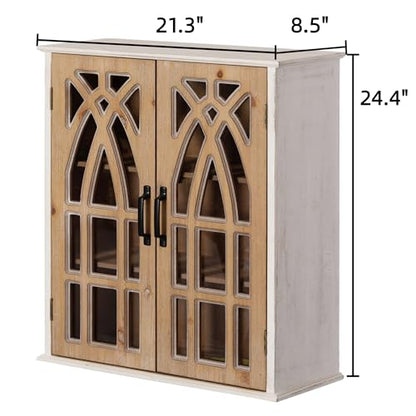 LKTART Solid Wood Wall Mounted Cabinet,Hanging Kitchen Storage Cabinet | Farmhouse Wall Mounted Wood Storage Cabinet; Solid Wood Construction;Glass Door;Adjustable Shelves;Kitchen;Bathroom;Dining - color: Natural+ Antique White