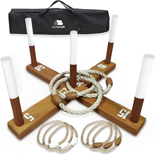 CircleCraft Ring Toss Game, Incl. 6 Rope Rings, Gifts for Kids Teens Boys & Girls Ages 8-12+, Outdoor Yard Games for Kids & Adults, Wooden Lawn Game for Family Backyard Beach Camping Party Activities - color: Light Brown