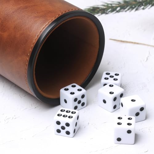 Brown PU Leather Dice Cup Set, Felt Lined Dice Shaker with 6 Dice for Liars Farkle Yahtzee Game - color: Patterned Brown