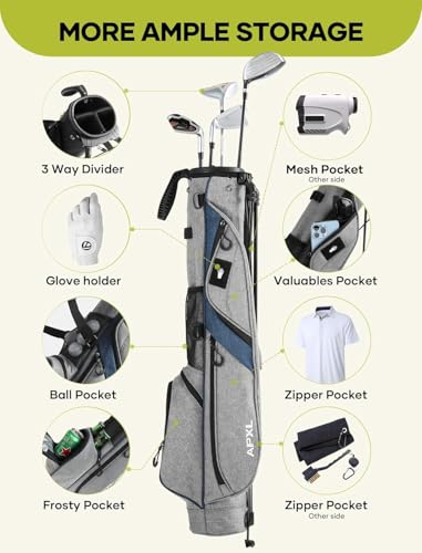 Small Golf Bag, 3 Divider Fit Up to 8 Clubs, Golf Stand Bag with Rain Cover, Durable Pitch n Putt, Lightweight Golf Club Carry Bag with Strap and Stand, Golf Bags for Men & Women - color: Gery