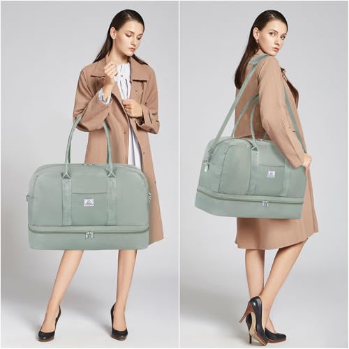 Weekender Bag for Women, Large Overnight Bag Canvas Travel Duffel Bag Carry On Tote with Shoe Compartment 21" 3Pcs Set - color: D04-green