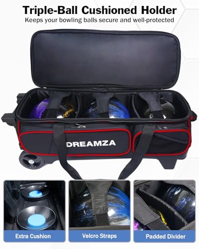 3 Ball Bowling Bags with Wheels & Shoe Pocket, Premium Bowling Ball Bag 3 Ball Roller, Effortless-Rolling 3 Ball Bowling Bag w/Multi-Storage Pockets & Telescopic Handle Extends to 40'' - color: Red