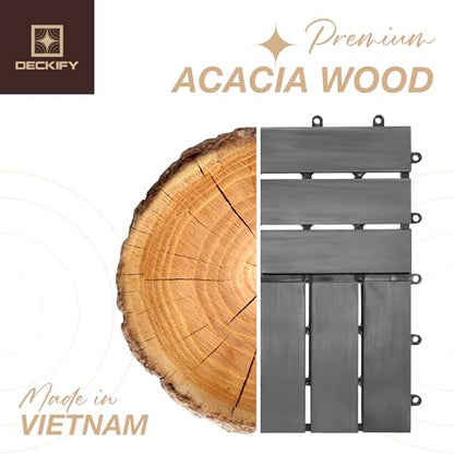 9Pcs Premium Acacia Wood Interlocking Patio Deck Tiles, 12 x 12 x 0.9 Inch Outdoor Flooring, Waterproof for All-Weather Use – Crossed, Gray