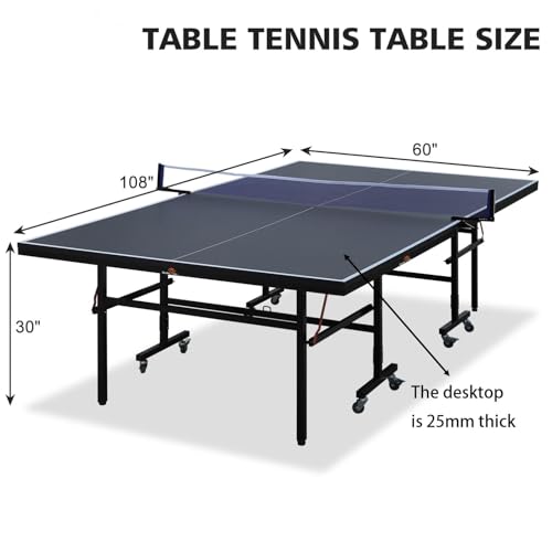 9FT Folding Table Tennis Table with 2 Paddles, 3 Balls & Net Set with Solo Playback Mode, Different Thickness MDF Surface, Lockable Wheels & Quick Assembly - color: Black, size: 0.984" MDF Top