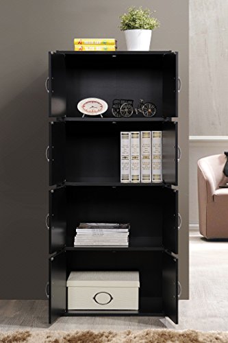 Hodedah HID44 8 Door 4 Shelf Modern Wooden Heavy Duty Floor Mount Multipurpose Storage Bookcase Cabinet with Installation Hardware, Black