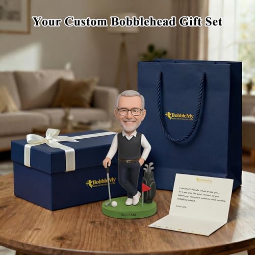 Custom Golf Bobblehead – 6/7/8" Personalized Male from Photo, Semi-Custom Head or Full-Body, Handmade Soft-Clay Figure, Gift Box & Bag + Greeting Card, for Dad/Husband/Coach/Retired
