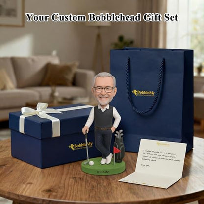 Custom Golf Bobblehead – 6/7/8" Personalized Male from Photo, Semi-Custom Head or Full-Body, Handmade Soft-Clay Figure, Gift Box & Bag + Greeting Card, for Dad/Husband/Coach/Retired