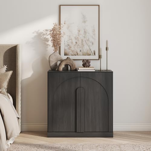 BELLEZE 2 Tier Bookshelf with Arched Wood Door, Modern Display Bookcase Shelf with Storage and Adjustable Shelves, Wood Bookshelves for Living Room Office Entryway (Ebony) - color: Bijou Ebony B, size: 1