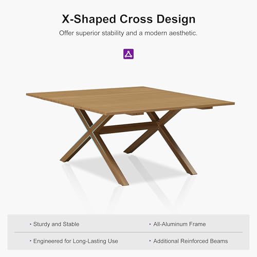 PURPLE LEAF 9 Pieces Outdoor Metal Furniture Set Patio Conversation Sets Wood Pattern Dining Set, 1 Dining Table and 8 Modern Chairs with Cushions Seat - color: Teak, size: 9 Pcs, style: Square