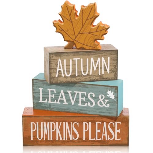 Lineshading 4 Pcs Fall Decorations for Home Thanksgiving Decor Wooden Maple Leaf Fall Table Centerpiece Autumn Tiered Tray Rustic Wood Maple Leaf Block Sign Farmhouse for Home Kitchen Shelf - style: Classic Maple Leaf