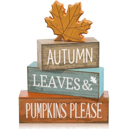 Lineshading 4 Pcs Fall Decorations for Home Thanksgiving Decor Wooden Maple Leaf Fall Table Centerpiece Autumn Tiered Tray Rustic Wood Maple Leaf Block Sign Farmhouse for Home Kitchen Shelf - style: Classic Maple Leaf