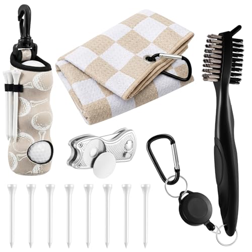 Liliful 12 Pcs Golf Accessories Kit, Include Golf Ball Bag with Hook Towel Tees Magnetic Ball Marker Divot Tool Cleaner Brush for Women Man Gifts - color: Khaki, style: Checkered