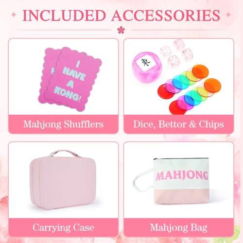 KOLIN American Mahjong Tile Set, 160 Engraved Melamine Mah Jongg Tiles, Pink Back 1.2 Inch Numbered Tiles with Carrying Case, Shuffler, Bag, Dice, Bettor & Chips, No Racks Included