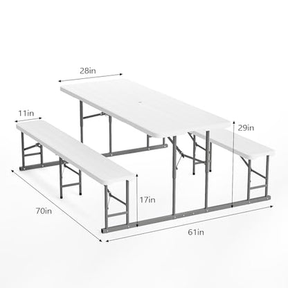 VINGLI Folding Picnic Table and Bench Set with Umbrella, Portable Outdoor Dining Furniture for Camping, Patio, Backyard, Wood Grain Plastic Top with Metal Frame with Light Blue Umbrella - color: White, style: With Light Blue Umbrella