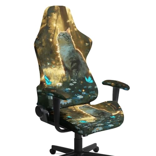 Gaming Chair Slip Cover Set 4Pc/Set Cat Butterfly Print Stretchy Machine Washable Computer Chair Seat Slipcovers with Armrest Covers Universal Fit Office Desk & Racing Computer Gamer Chairs - color: Green and Yellow - Cat Butterfly