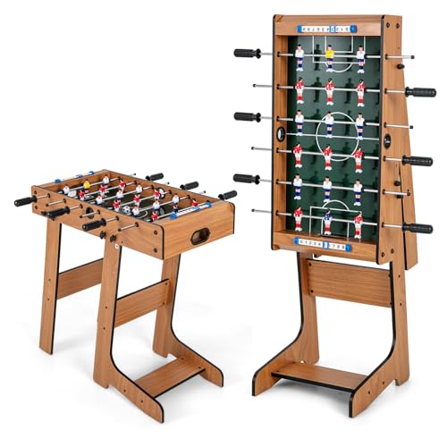 GYMAX Folding Foosball Table, Freestanding Soccer Game Table with 2 Balls for Family, Home, Game Room Teens Adult - style: Natural,27 inch